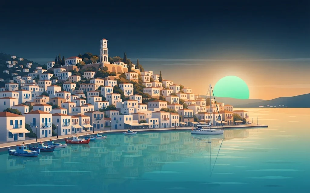 Illustration of Poros harbor at golden hour: white houses climbing to the clock tower, boats in the strait
